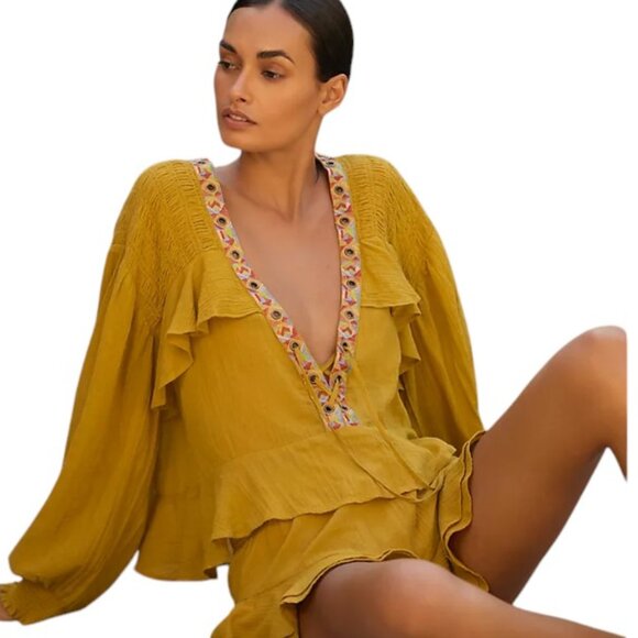 Anthropologie Embellished Grommet Ruffled Blouse, Maize, Cotton, Boho, Size M - Picture 1 of 10